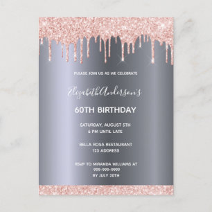 60 th birthday rose gold glitter drips postkarte
