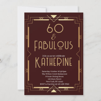 60 und Fabelhaft 60. Geburtstag Art Deco Burgund Einladung