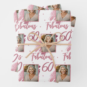 60 und Fabelhaft Rosa Glitter-Foto 60. Geburtstag Geschenkpapier Set