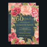 60 und fabelhafte florale elegante 60. Geburtstags Einladung<br><div class="desc">Luxuriöse Vintage romantische stilvolle 60. Geburtstagsgeschenk-Einladung mit rosa und pfirsichfarbenen Glitzer Peony Rose und Blumen Rahmen und golden rustikalen Saiten oder Tinkle Lichter auf einem Mitternacht blauen Kalkboard Hintergrund. — Die Einladung ist geeignet für Frühlings- oder Sommernacht, Herbst rustikalen oder Garten Vintagen Outdoor Meilensteine Geburtstagsparty - dreißig, vierzig, fünfzig, sechzig,...</div>
