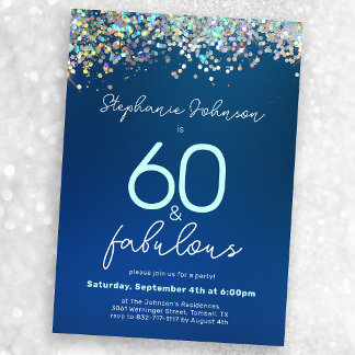 60 und Fabulous Blue Glitzer 60. Geburtstagsparty Einladung