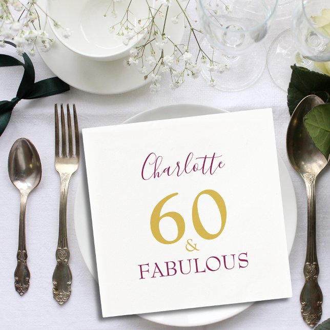 60 und fabulous Elegant 60. Geburtstag Serviette (Elegant 60 and fabulous gold and burgundy typography script custom 60th birthday party napkins)