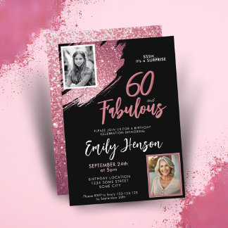 60 und Fabulous Pink Glitzer 2 Foto 60. Geburtstag Einladung