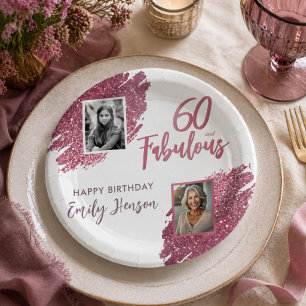 60 und Fabulous Pink Glitzer 2 Foto 60. Geburtstag Pappteller