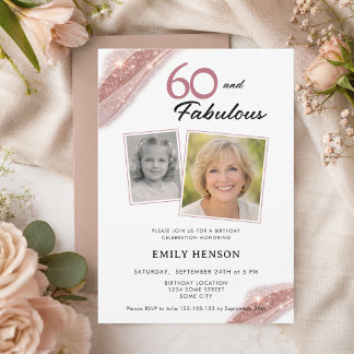 60 und Fabulous Roségold 2-Foto-Geburtstag Einladung