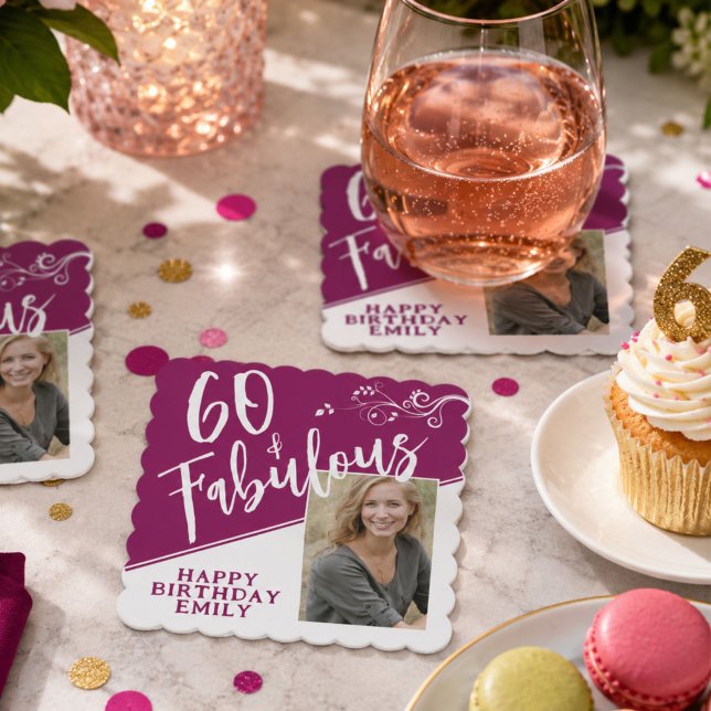 60 und Fabulous Script Foto Magenta 60. Geburtstag Untersetzer (Von Creator hochgeladen)