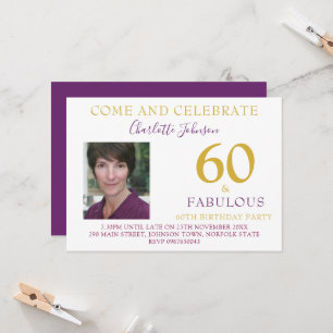 60 und Fantastisch Foto 60. Geburtstag Lila Gold Einladung
