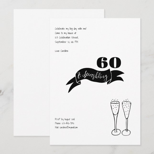 60 und funkelnde Hand, schwarz und weiß gezogen Einladung (Vorne/Hinten)