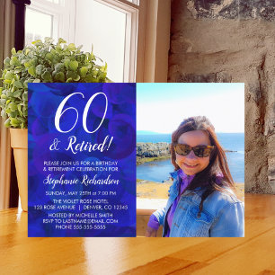 60 und Im Ruhestand Blau Foto Geburtstag Ruhestand Einladung