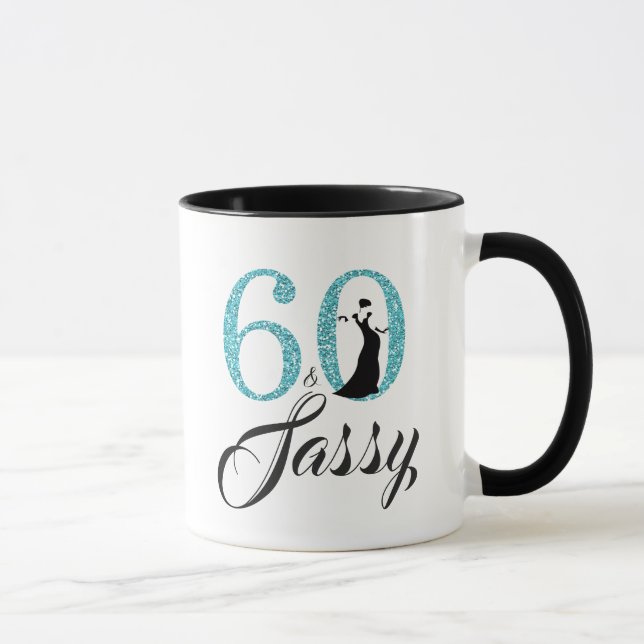60 und Sassy Blue Glitzer 60. Geburtstag Tasse (Rechts)