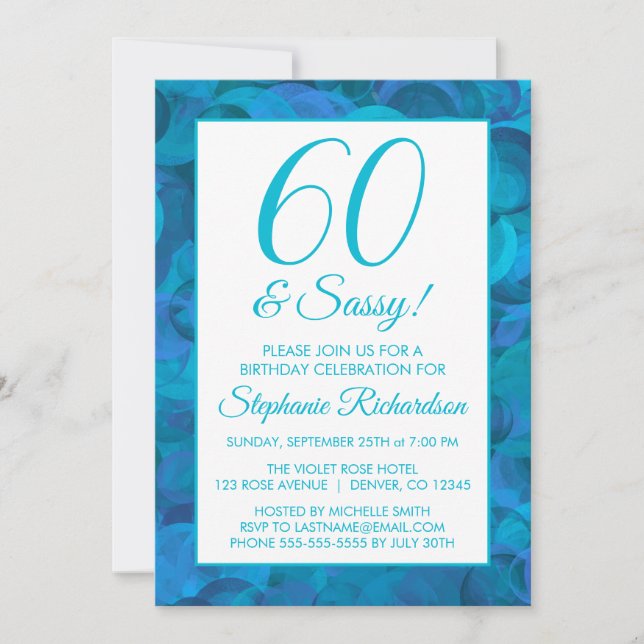 60 und Sassy Ocean Blue Aquamarin Birthday Party Einladung (Vorderseite)