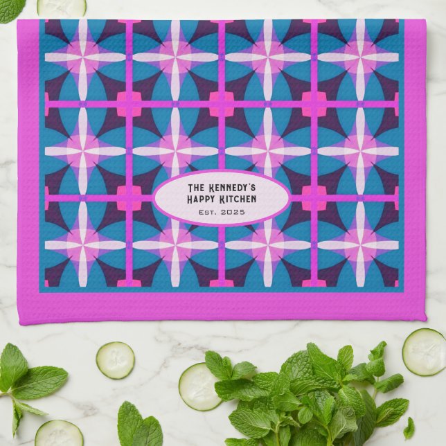 60er Abstrakt Pink Blauer Kaleidoskop Design Geschirrtuch (Gefaltet)