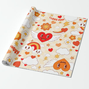60er Groovy Pop Art Valentine Regenbogenwolkengel Geschenkpapier