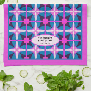 60er Jahre Abstract Pink Blau Florales Kaleidoskop Geschirrtuch