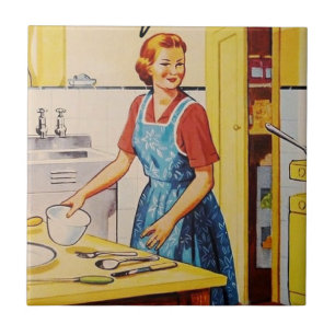 60er Jahre Frau in der Küche l Retro Fliese