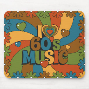 60er-Musik-Herzen-Wellen und Blumen in Retro-Farbe Mousepad
