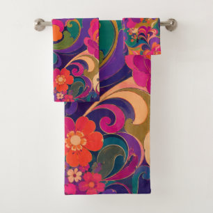 60er Psychedelische Blumen Luxus Juwel Ton Badhandtuch Set