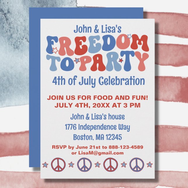 60er Retro Groovy 4. Juli Freedom Party Einladung (Your 4th of July party will be a hit with this groovy "freedom to party" invitation.)