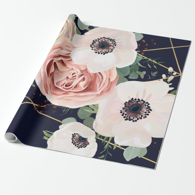 60lb Wrapping Paper Roll Geometric Garden Navy Blu Geschenkpapier (Ungerollt)