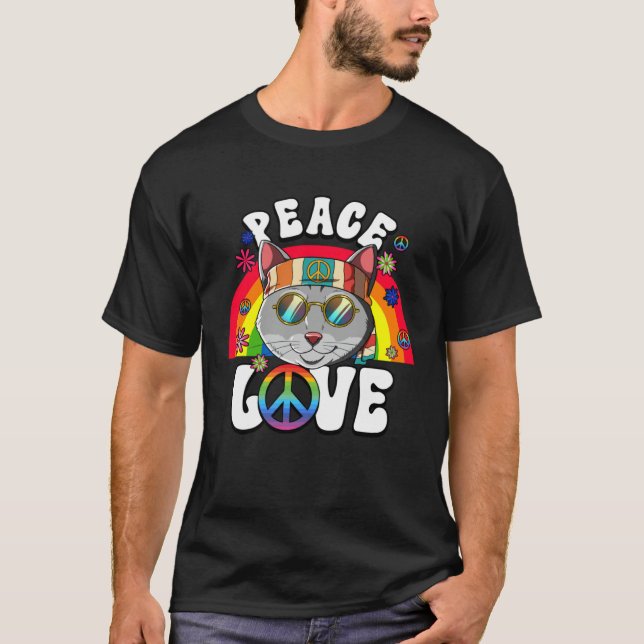 60s 70s Costume Peace Love Hippie Cat T-Shirt (Vorderseite)