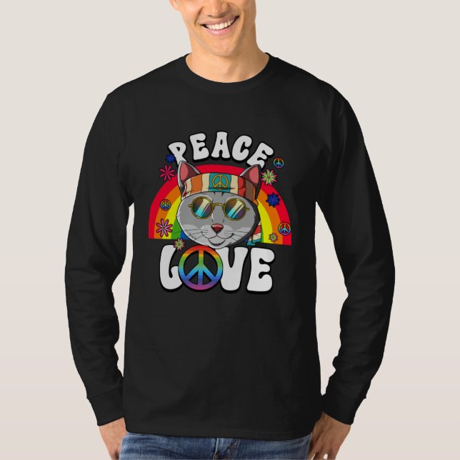 60s 70s Costume Peace Love Hippie Cat T-Shirt (Vorderseite)