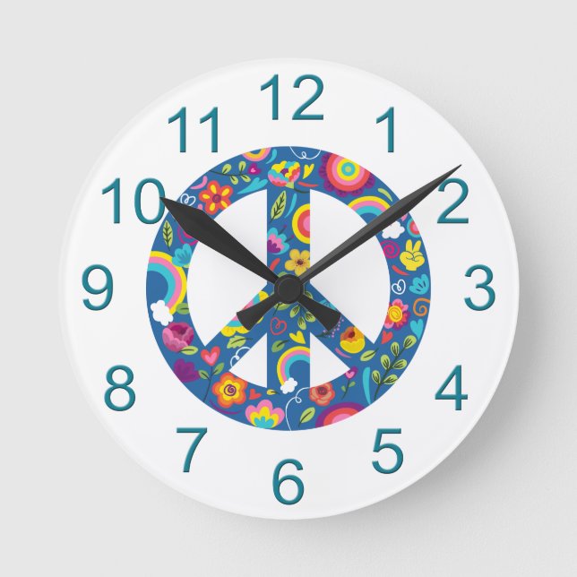 60s Boho Peace Sign Round Clock Runde Wanduhr (Vorderseite)