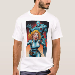 60s Comic Style Woman running from Alien Robot T-Shirt