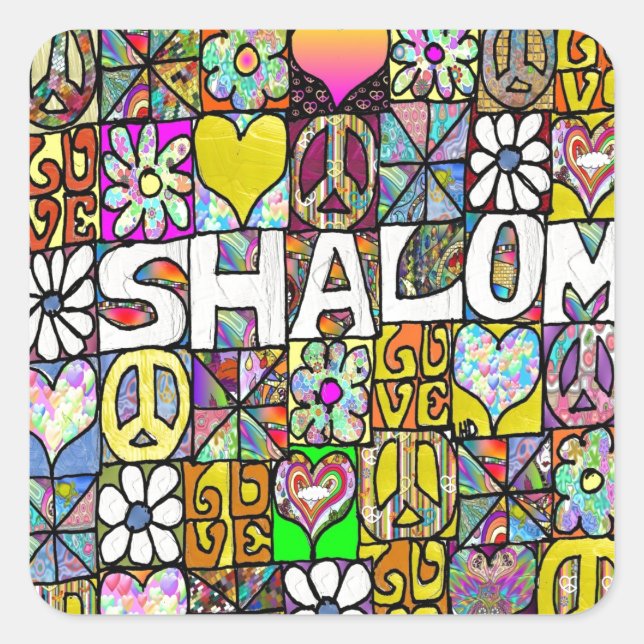 60s Psychedelic Shalom LOVE Quadratischer Aufkleber (Vorderseite)