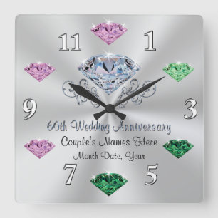 60th Anniversary Clock Couple, Family Birthstones Quadratische Wanduhr