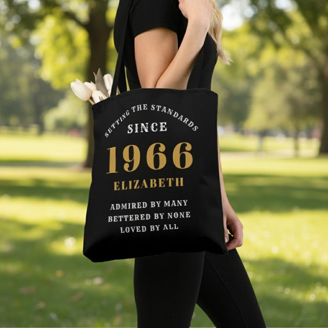 60th Birthday 1966 Black Gold For Her Personalized (Born 1966 birthday tote bag. Background out of focus.)