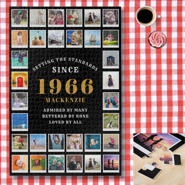 60th Birthday 1966 Family Memories Photo Collage Puzzle (1966 photo collage jigsaw puzzle. Background red and white check tablecloth.)