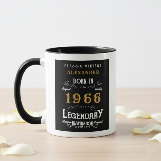 60th Birthday 1966 Legend Retro Black Personalized Tasse (born 1966 birthday mug. Background is wood table, white wall and flower petals.)