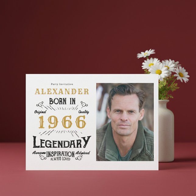 60th Birthday 1966 Legend White & Gold Photo Einladung (Born 1966 birthday invitation.)