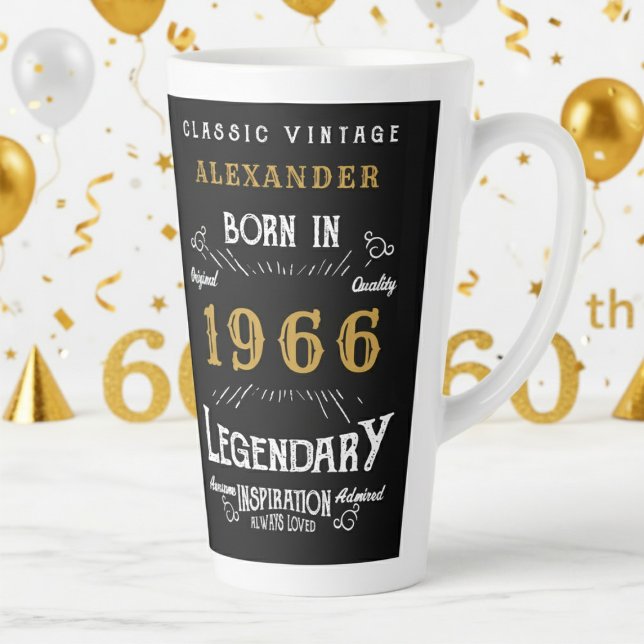 60th Birthday 1966 Legendary Retro Milchtasse (1966 latte mug on a white and gold background)