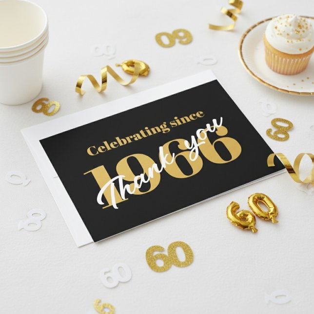 60th Birthday 1966 Retro Black And Gold Dankeskarte (Thank you card on a table with white and gold 60th birthday decorations and a cupcake.)