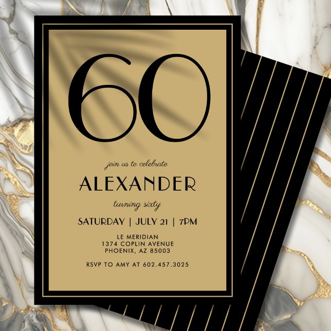 60th Birthday Adult Black and Gold Modern Minimal  Einladung (Black and gold elegance—modern typography with a touch of luxury.)