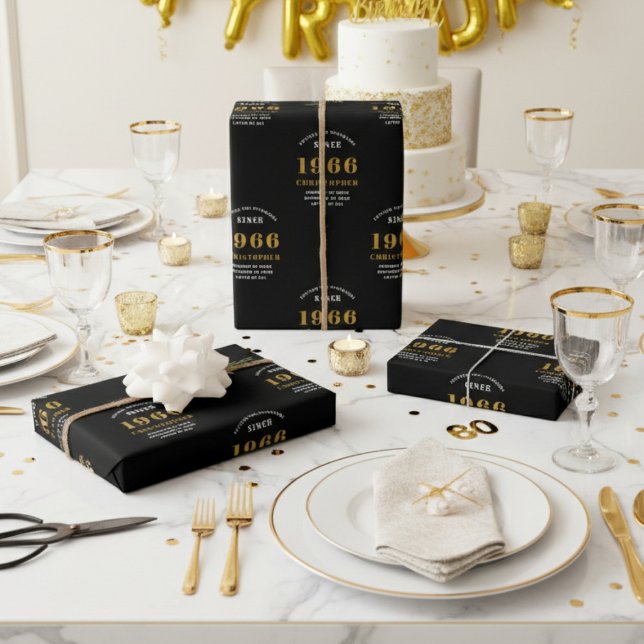 60th Birthday born 1966 Add Name Black Gold Geschenkpapier Set (1966 wrapping paper white background.)