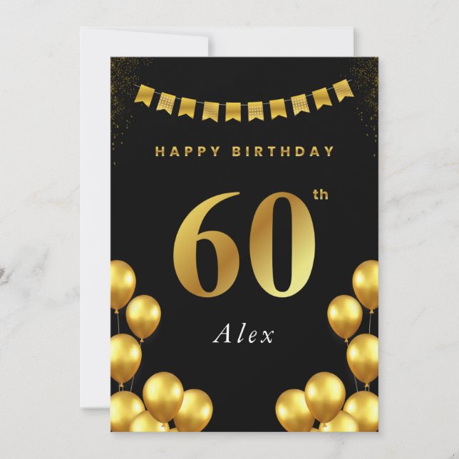 60th Birthday Card Black and Gold Balloons Karte (Vorderseite)