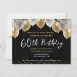 60th Birthday Gold and Black  Einladung<br><div class="desc">Silver and gold glitter balloons template design. Adjustable for any age adult save the date birthday party invitations. Digital Download printable invite</div>