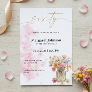 60th Birthday Invitation Pink Floral Watercolor Einladung