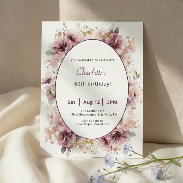 60th Birthday Invitation Purple Floral Watercolor Einladung (Von Creator hochgeladen)