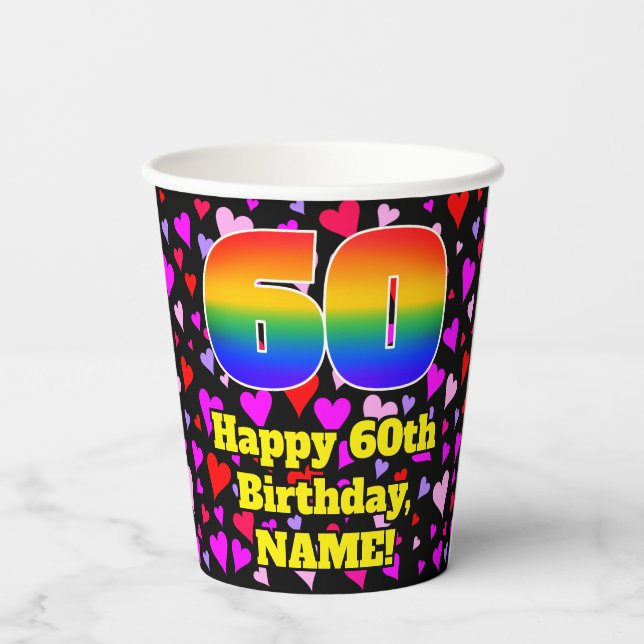 60th Birthday: Loving Hearts Pattern, Rainbow 60 Pappbecher (Rückseite)