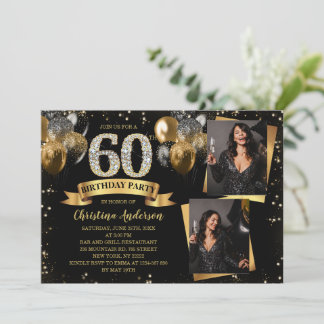 60th Birthday Modern Gold Glitter Balloons 2 Photo Einladung