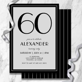 60th Birthday Modern Minimalist Mens Black Gray Einladung