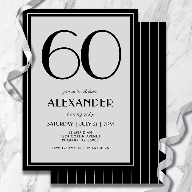 60th Birthday Modern Minimalist Mens Black Gray Einladung (Modern black and light gray design—minimal, bold, and effortlessly stylish.)