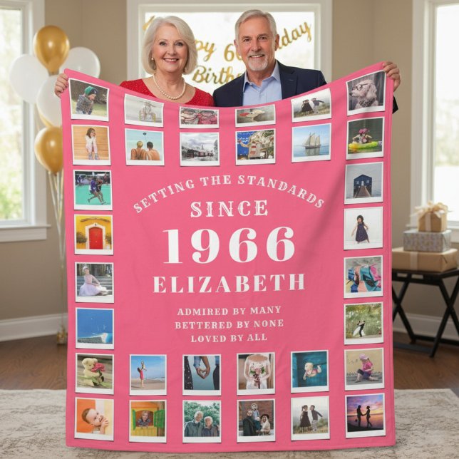 60th Birthday Mother Family Photo collage Pink Fleecedecke (Born 1966 pink fleece photo blanket held by a couple.)