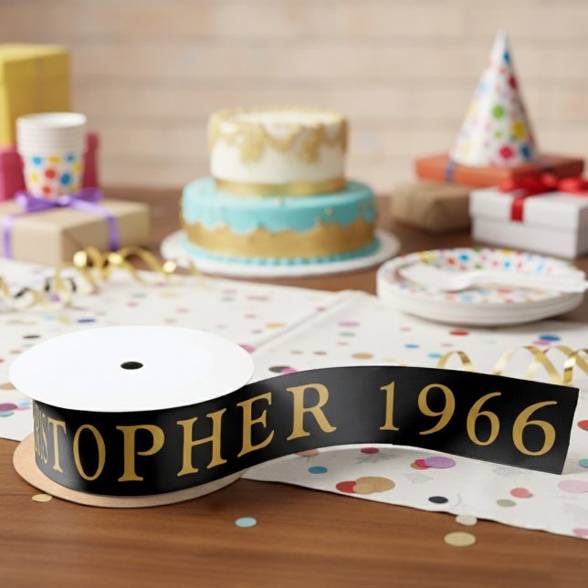 60th Birthday Name 1966 Black Gold Elegant Chic Satinband (Born 1966 birthday ribbon.)