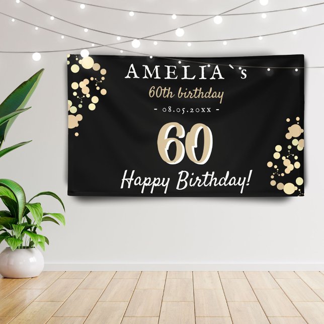 60th Birthday Party Black Golden Backdrop Banner (Von Creator hochgeladen)