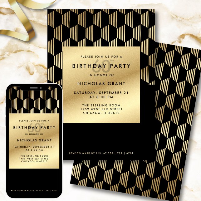 60th Birthday Party Modern Black and Gold Foil Einladung (Von Creator hochgeladen)