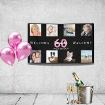 60th birthday party photo collage woman black banner<br><div class="desc">Welcome to a 60th birthday party for a woman,  celebrating her life with a collage of 8 of your own photos.  Photo of family,  friends,  pets,  vacations. Templates for a name,  age 60 and a date. With the text: Welcome (x2)  White and pink colored letters.  Elegant black background.</div>